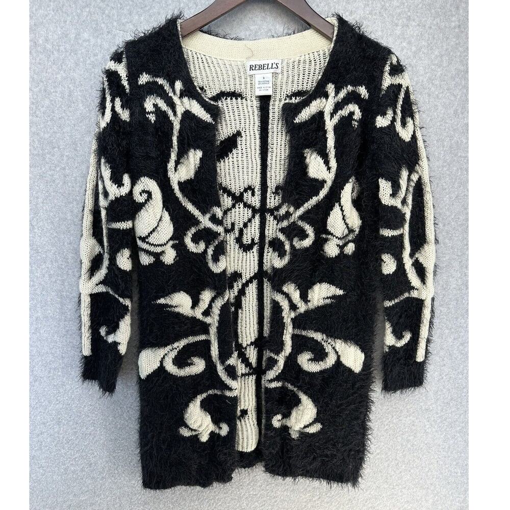 Rebells Womens Open Cardigan Fuzzy Black Cream Floral Print Long Sleeve Size S